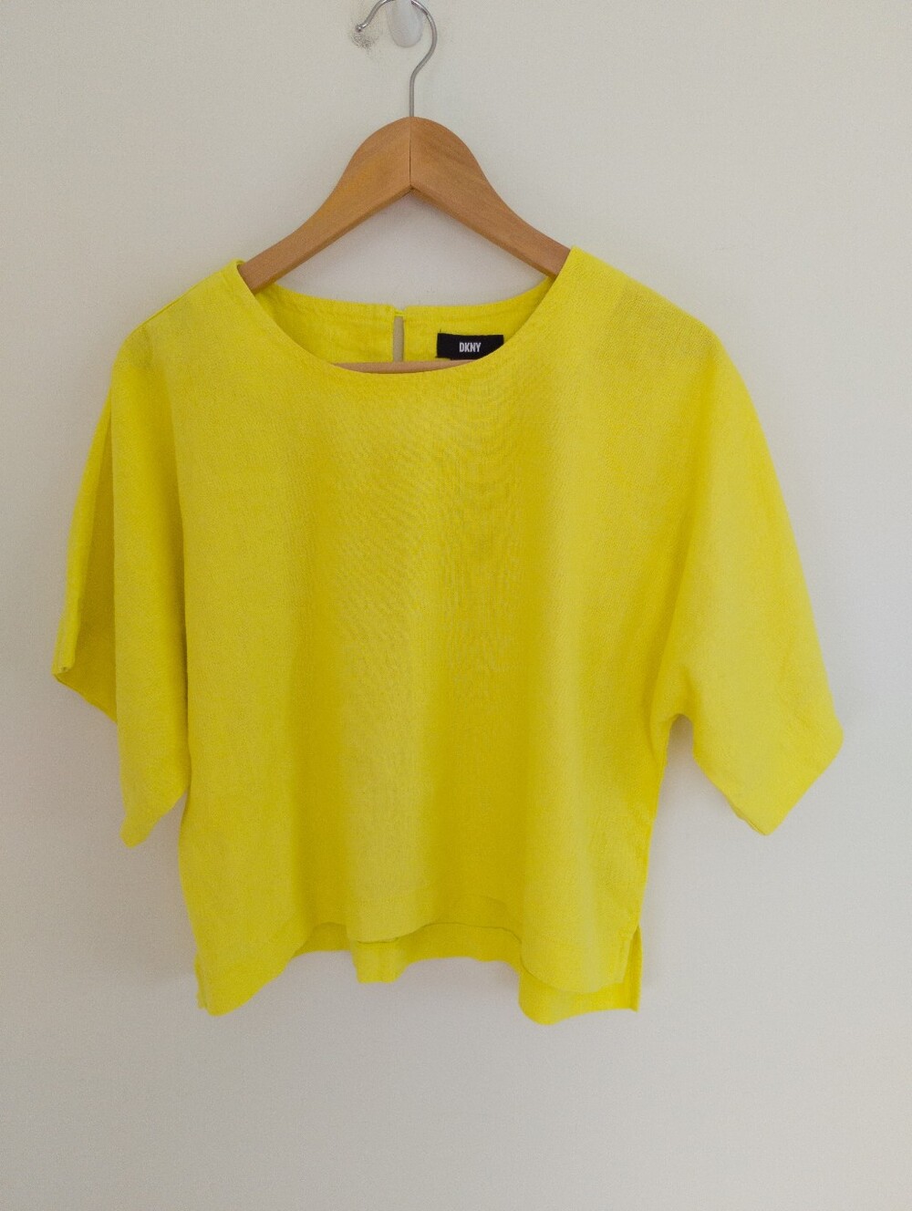 DKNY Yellow Linen Blend Boxy Drop Shoulder Short Sleeve Top Large